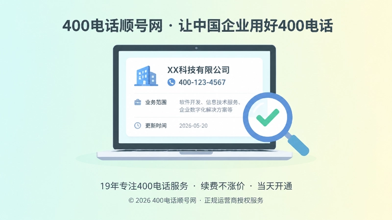 企业信息卡片与放大镜对勾图标，代表400电话资料可核验
