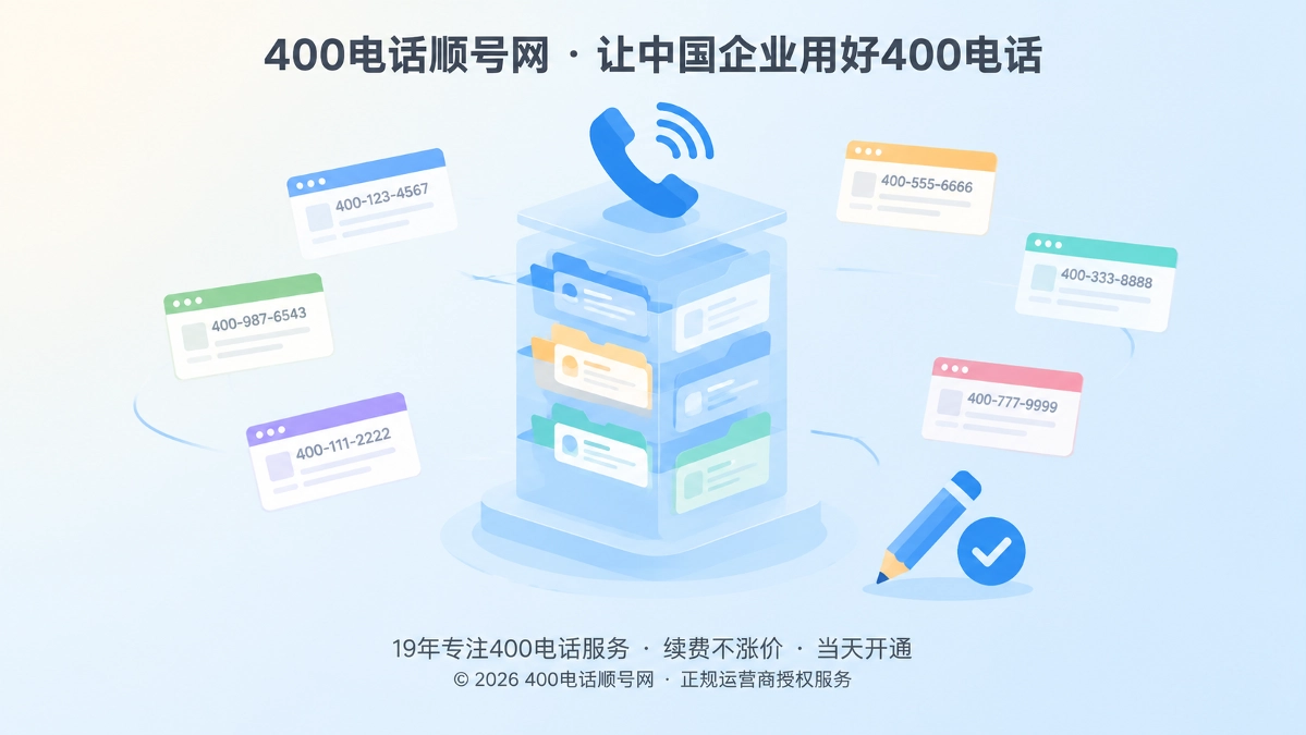 400电话顺号网企业号码数字档案治理抽象插画，多个网页信息汇聚到档案库